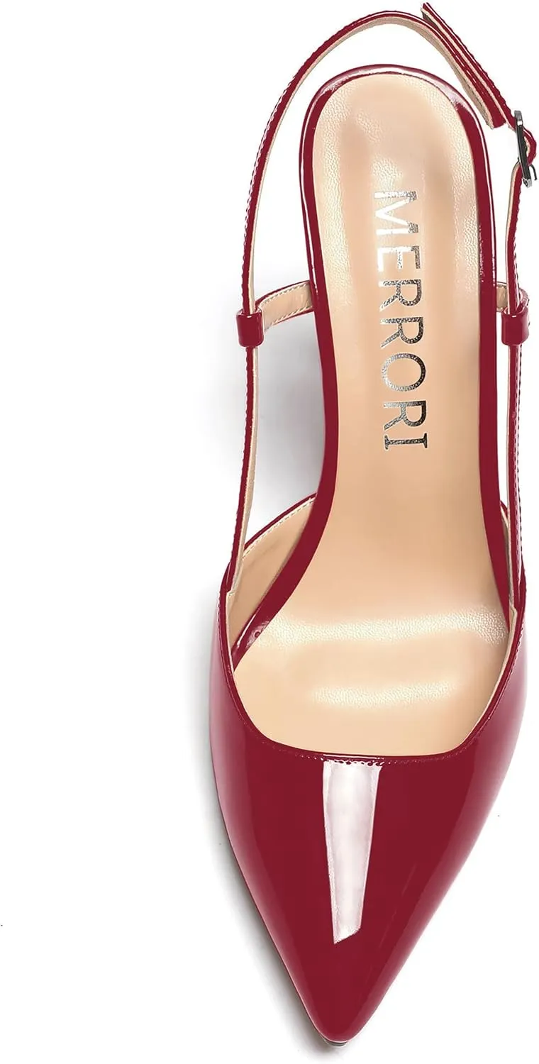 MERRORI Womens Dress Wedding Buckle Patent Pointed Toe Slingback Spool High Heel Pumps Shoes 3.3 Inch