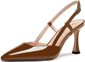 MERRORI Womens Dress Wedding Buckle Patent Pointed Toe Slingback Spool High Heel Pumps Shoes 3.3 Inch