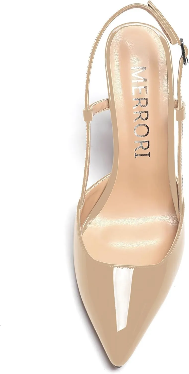 MERRORI Womens Dress Wedding Buckle Patent Pointed Toe Slingback Spool High Heel Pumps Shoes 3.3 Inch
