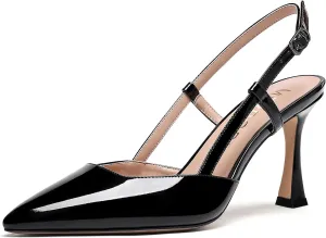 MERRORI Womens Dress Wedding Buckle Patent Pointed Toe Slingback Spool High Heel Pumps Shoes 3.3 Inch