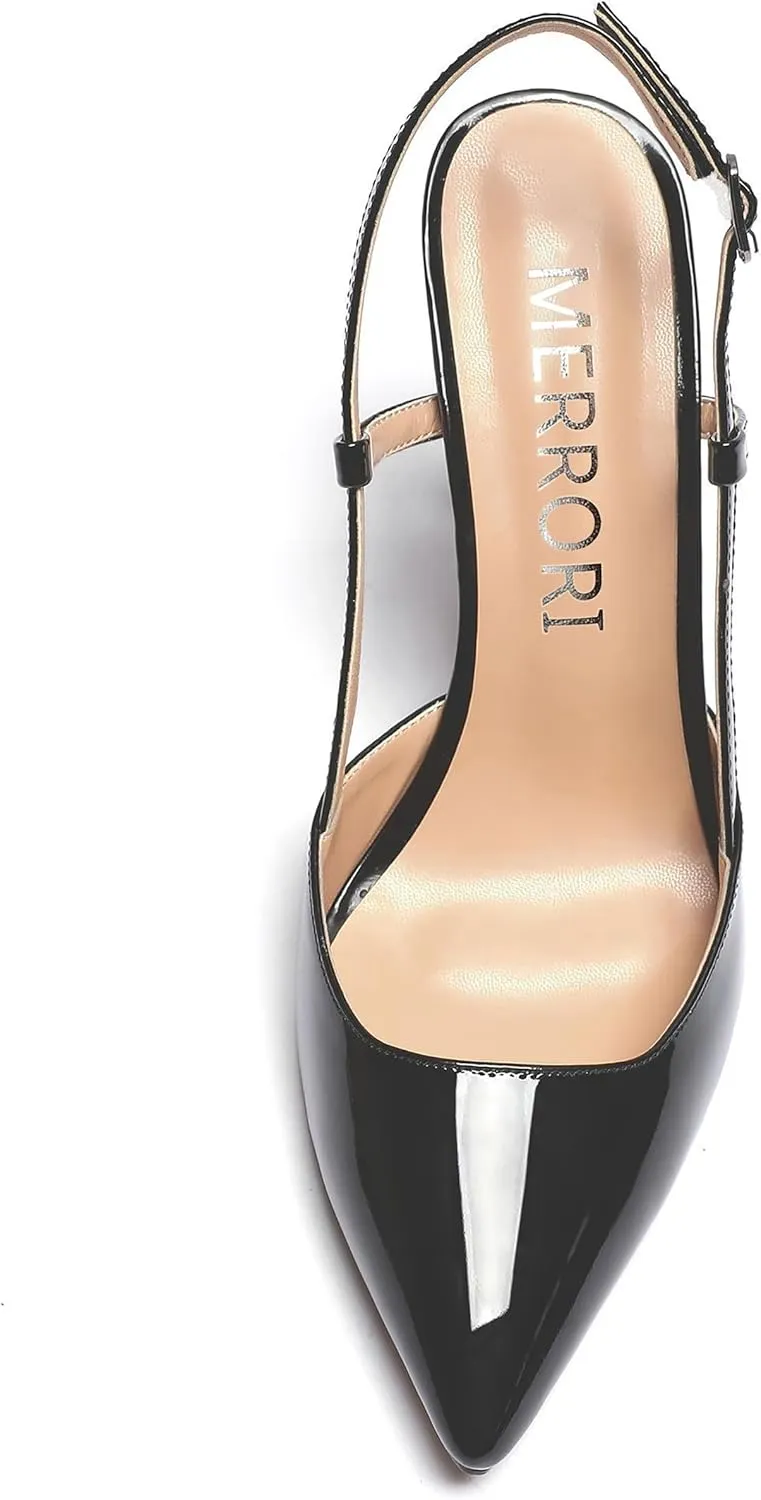 MERRORI Womens Dress Wedding Buckle Patent Pointed Toe Slingback Spool High Heel Pumps Shoes 3.3 Inch