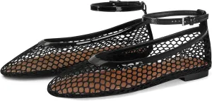 Mesh Ballet Flats for Women Round Toe Buckle Strap Fishnet Mary Jane Flats Comfy Casual Office Womens Summer Flats Shoes