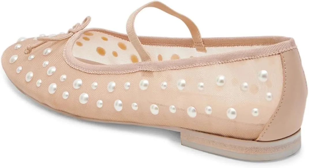 miss left Women Stylish Pearls Round Toe Mary Jane Flats Bowknots Elastic Strap Mesh Breathable Ballet Shoes Size 4-16 US