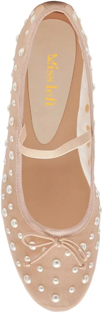 miss left Women Stylish Pearls Round Toe Mary Jane Flats Bowknots Elastic Strap Mesh Breathable Ballet Shoes Size 4-16 US