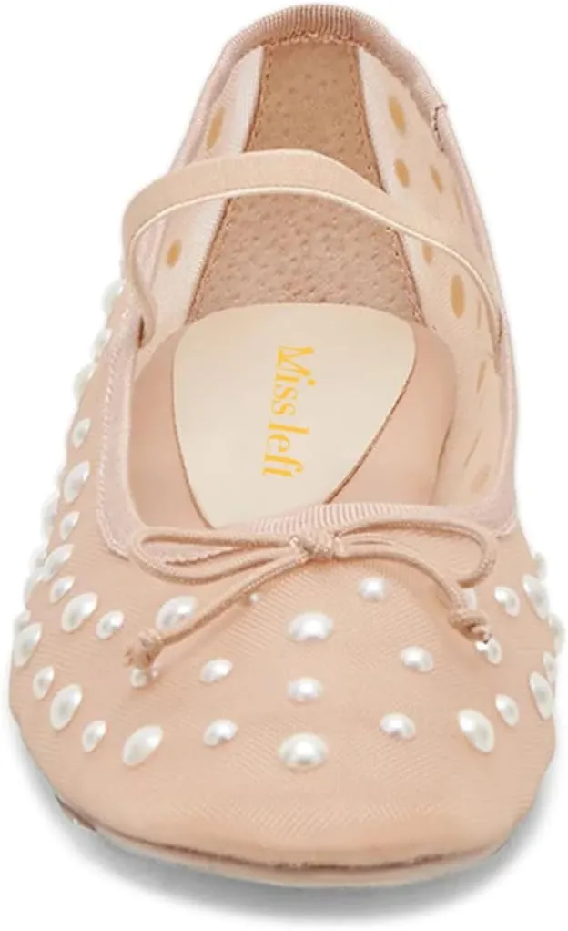 miss left Women Stylish Pearls Round Toe Mary Jane Flats Bowknots Elastic Strap Mesh Breathable Ballet Shoes Size 4-16 US
