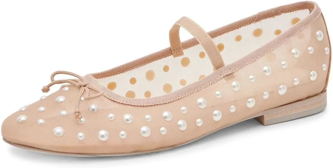 miss left Women Stylish Pearls Round Toe Mary Jane Flats Bowknots Elastic Strap Mesh Breathable Ballet Shoes Size 4-16 US