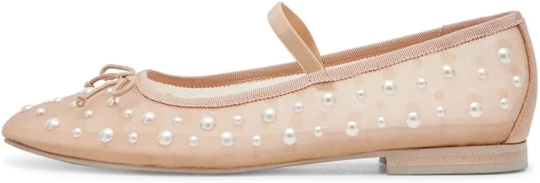 miss left Women Stylish Pearls Round Toe Mary Jane Flats Bowknots Elastic Strap Mesh Breathable Ballet Shoes Size 4-16 US