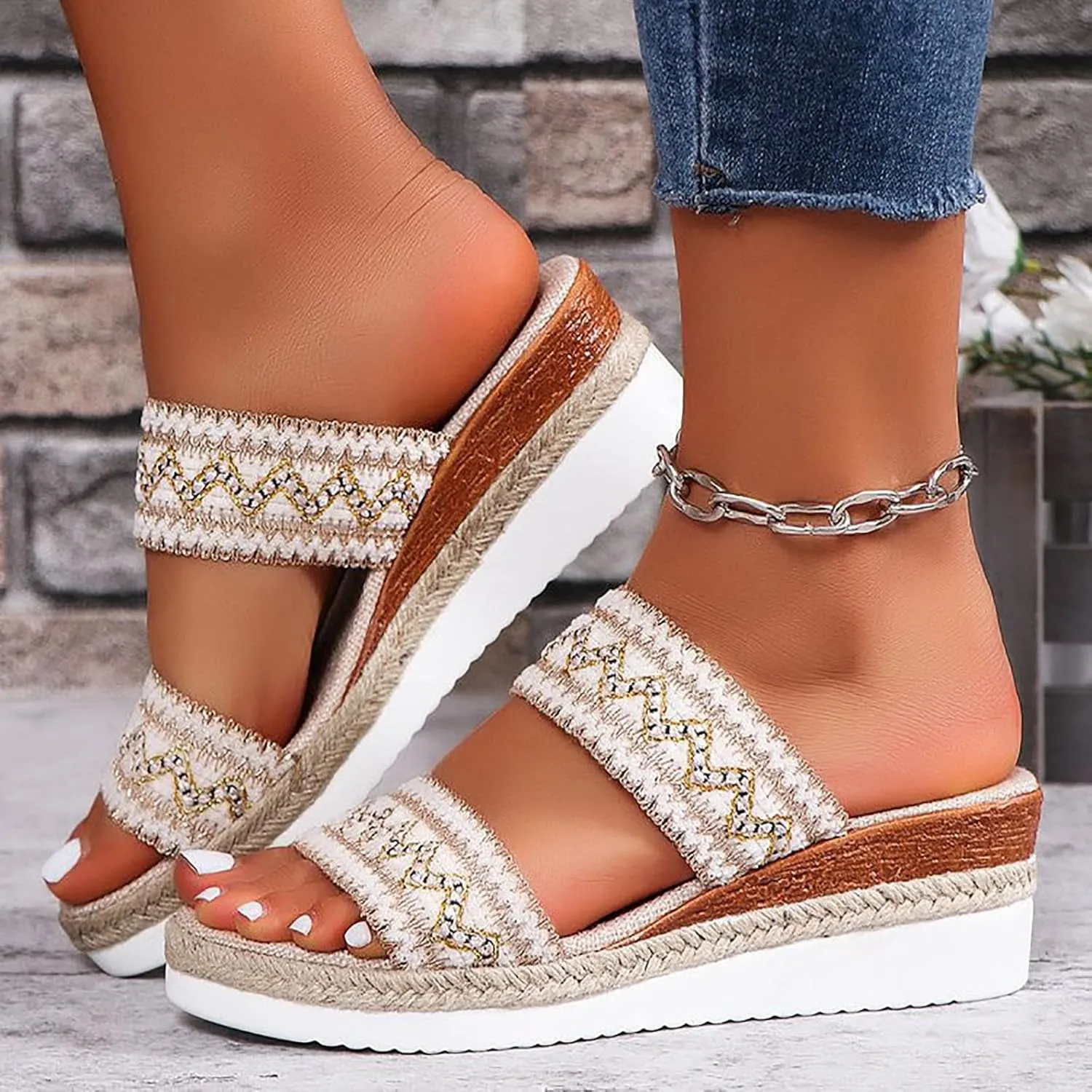Orthopedic Wedge Slides for Women 2025 Fashionable Summer Open Toe Two Strap Bohemian Casual Comfortable Outdoor Slippers Comfortable Beach Vacation Party Walking Shoes