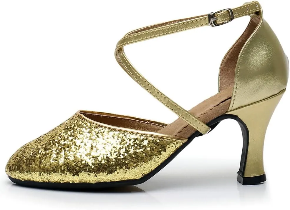 Parisuit Womens Glitter Latin Ballroom Dance Shoes Closed Toe Ankle Cross Strap Mary Jane Pumps Sparkly Sequin Tango Party Wedding Performence Dancing Heels