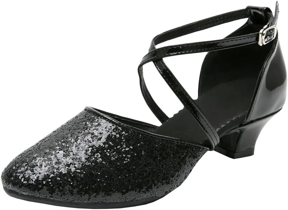 Parisuit Womens Glitter Latin Ballroom Dance Shoes Closed Toe Ankle Cross Strap Mary Jane Pumps Sparkly Sequin Tango Party Wedding Performence Dancing Heels