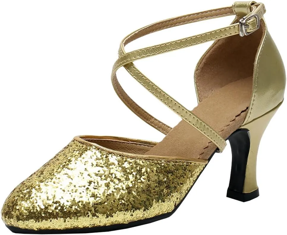 Parisuit Womens Glitter Latin Ballroom Dance Shoes Closed Toe Ankle Cross Strap Mary Jane Pumps Sparkly Sequin Tango Party Wedding Performence Dancing Heels