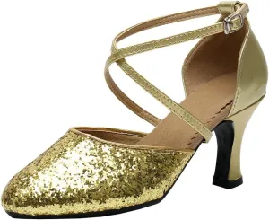 Parisuit Womens Glitter Latin Ballroom Dance Shoes Closed Toe Ankle Cross Strap Mary Jane Pumps Sparkly Sequin Tango Party Wedding Performence Dancing Heels