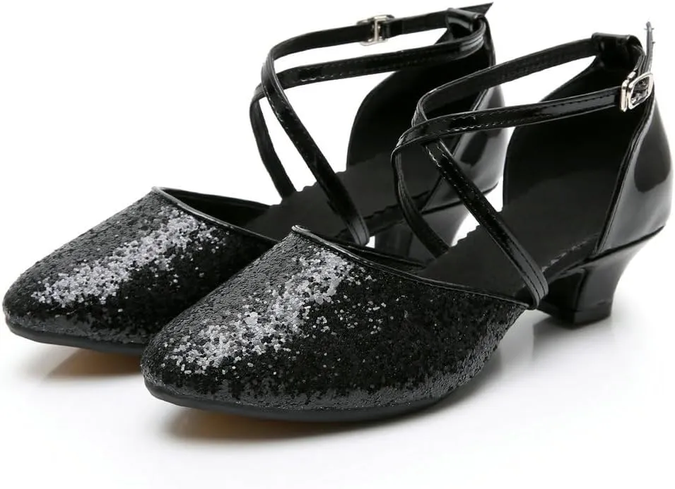 Parisuit Womens Glitter Latin Ballroom Dance Shoes Closed Toe Ankle Cross Strap Mary Jane Pumps Sparkly Sequin Tango Party Wedding Performence Dancing Heels