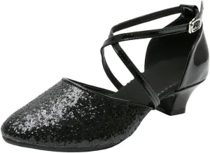 Parisuit Womens Glitter Latin Ballroom Dance Shoes Closed Toe Ankle Cross Strap Mary Jane Pumps Sparkly Sequin Tango Party Wedding Performence Dancing Heels
