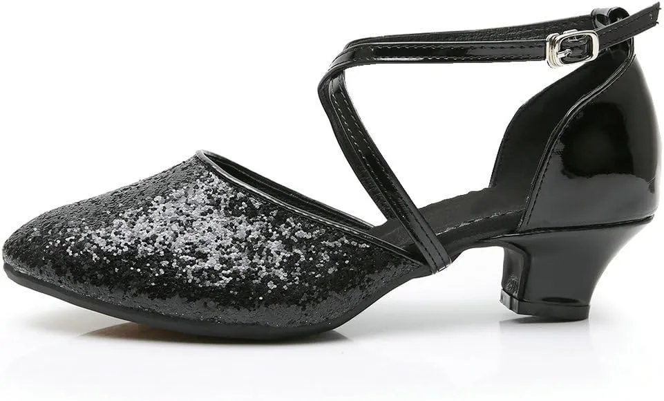 Parisuit Womens Glitter Latin Ballroom Dance Shoes Closed Toe Ankle Cross Strap Mary Jane Pumps Sparkly Sequin Tango Party Wedding Performence Dancing Heels