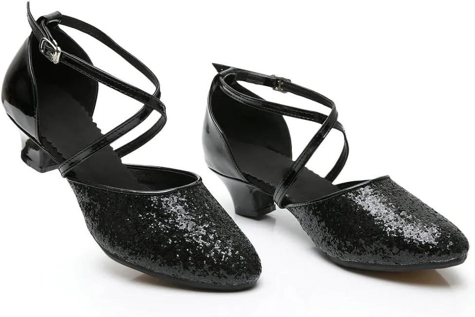 Parisuit Womens Glitter Latin Ballroom Dance Shoes Closed Toe Ankle Cross Strap Mary Jane Pumps Sparkly Sequin Tango Party Wedding Performence Dancing Heels