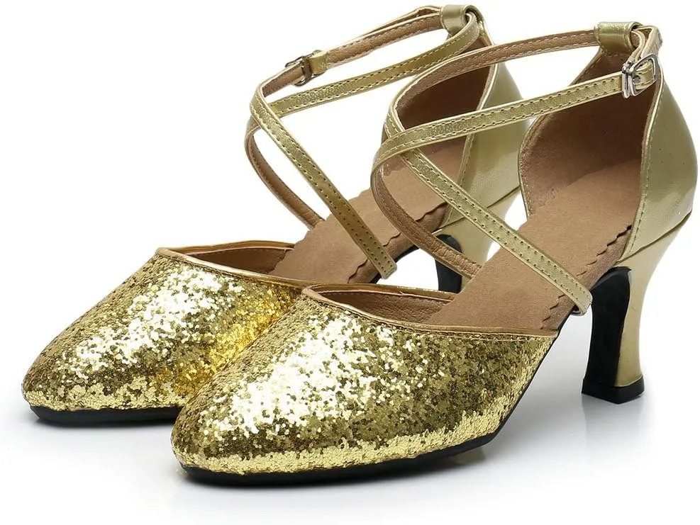 Parisuit Womens Glitter Latin Ballroom Dance Shoes Closed Toe Ankle Cross Strap Mary Jane Pumps Sparkly Sequin Tango Party Wedding Performence Dancing Heels