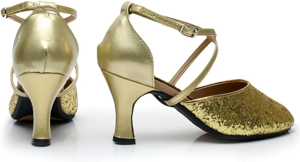 Parisuit Womens Glitter Latin Ballroom Dance Shoes Closed Toe Ankle Cross Strap Mary Jane Pumps Sparkly Sequin Tango Party Wedding Performence Dancing Heels