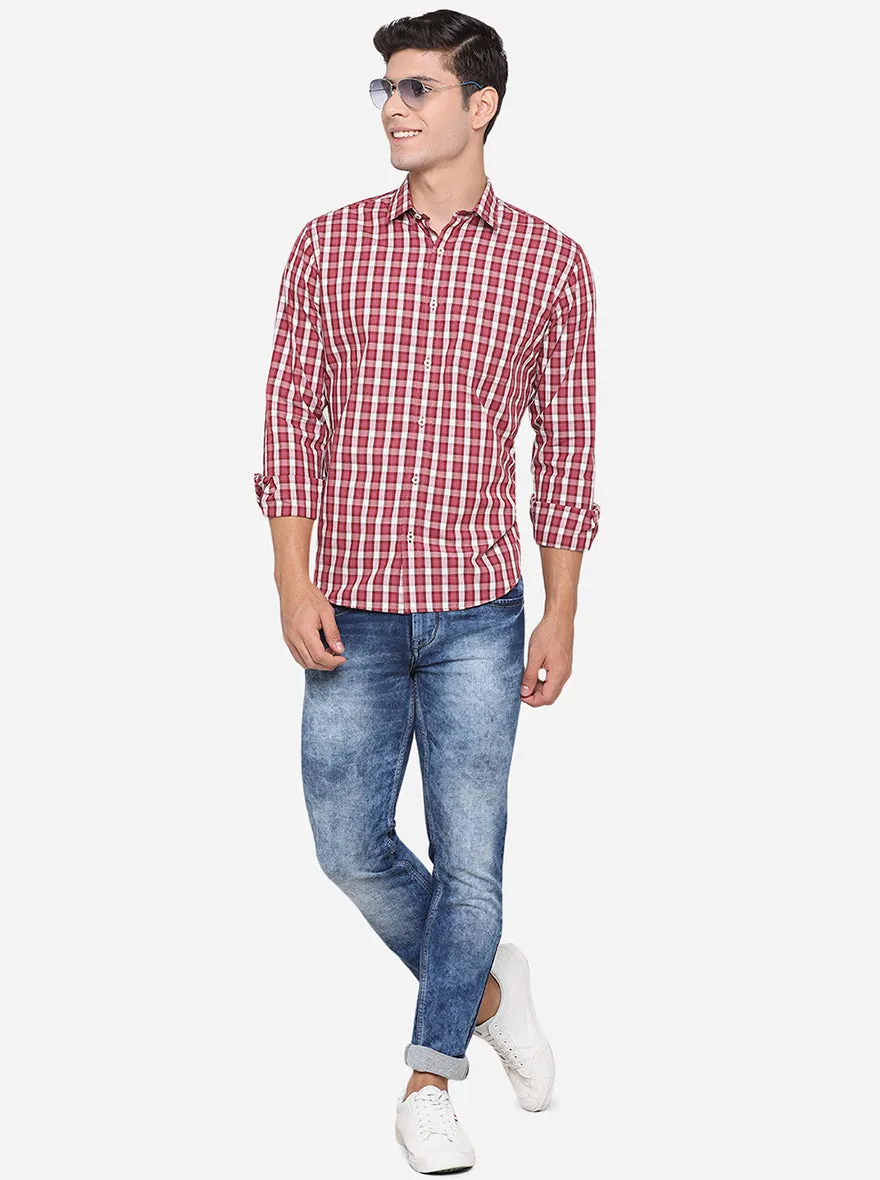 Red & White Checked Slim Fit Casual Shirt | Greenfibre