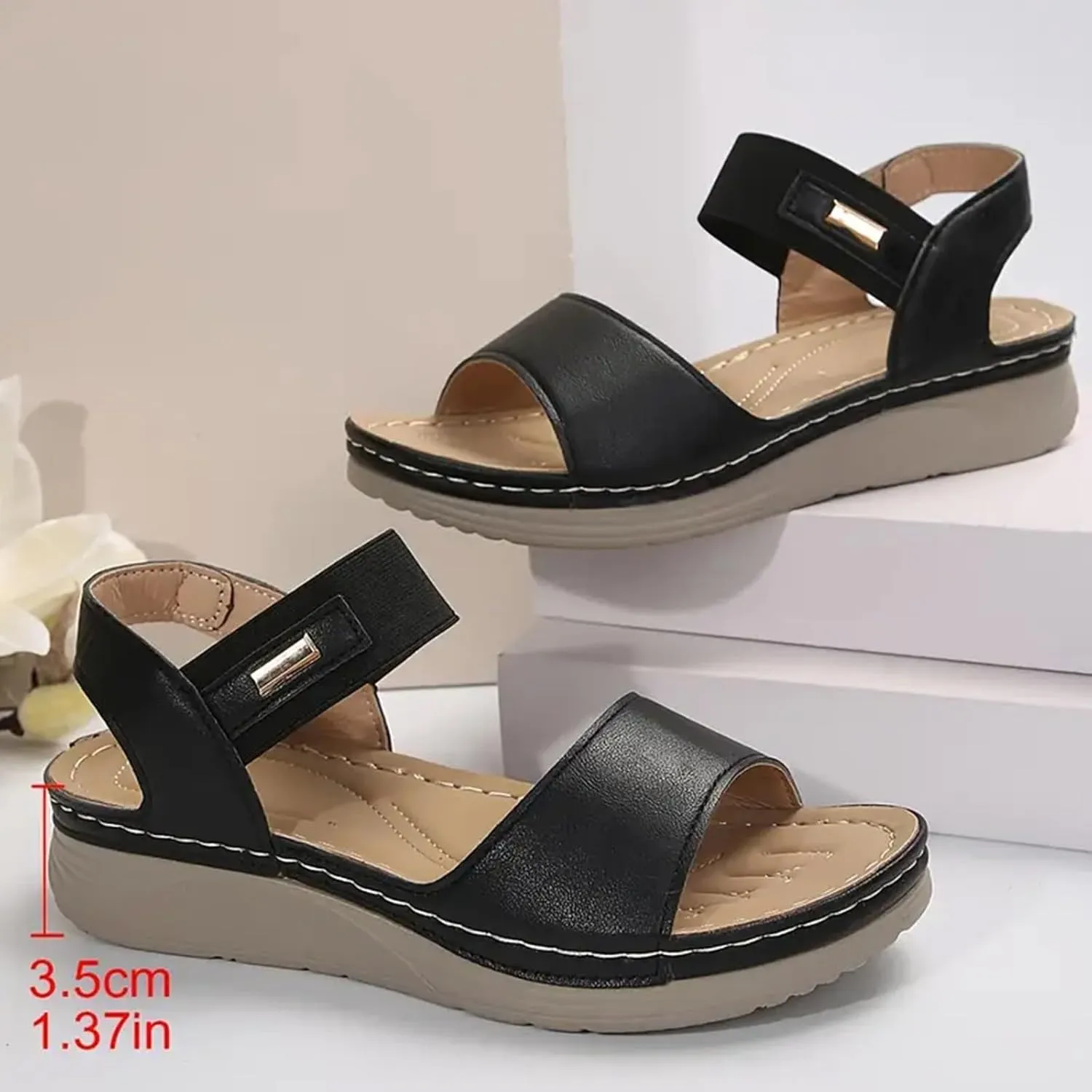 SuanlaTDS Womens Orthopedic Sandals Wedge Summer Dressy Platform Comfortable Arch Support Elastic Ankle Strap Slip On Bohemian Beach Outdoor Walking Shoes Open Toe Low Wedges Heels Sandal