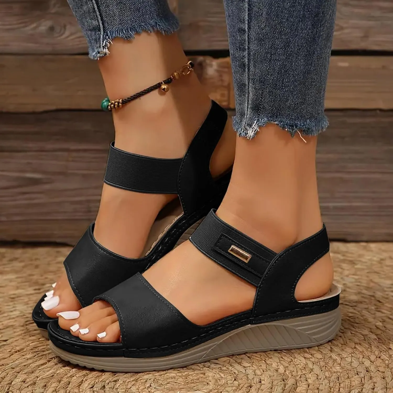 SuanlaTDS Womens Orthopedic Sandals Wedge Summer Dressy Platform Comfortable Arch Support Elastic Ankle Strap Slip On Bohemian Beach Outdoor Walking Shoes Open Toe Low Wedges Heels Sandal