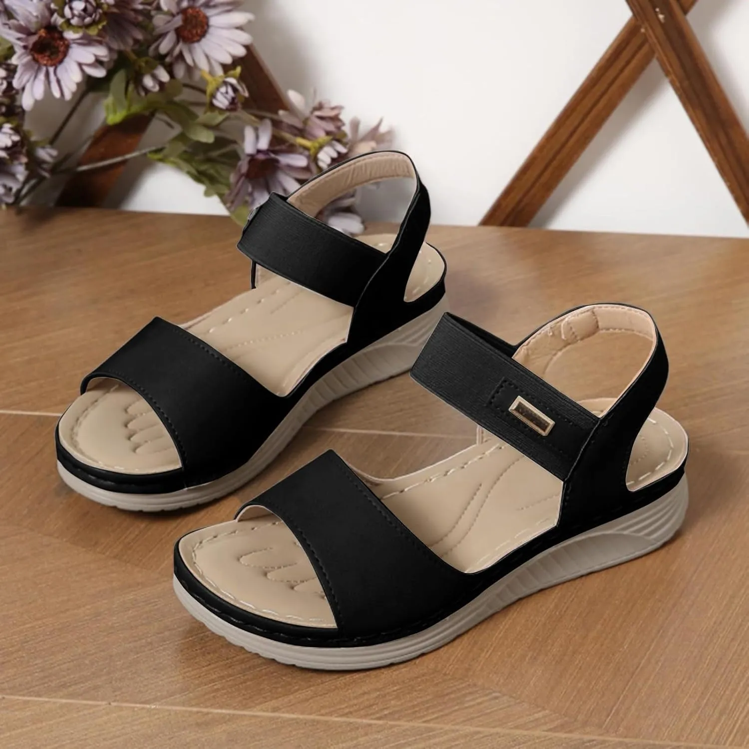 SuanlaTDS Womens Orthopedic Sandals Wedge Summer Dressy Platform Comfortable Arch Support Elastic Ankle Strap Slip On Bohemian Beach Outdoor Walking Shoes Open Toe Low Wedges Heels Sandal