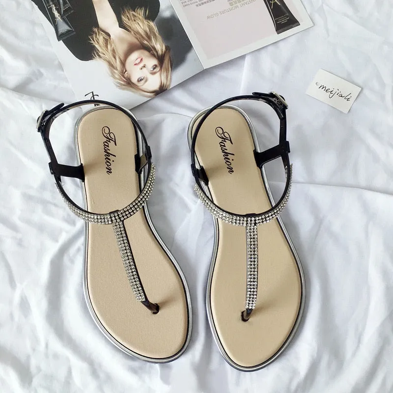 Trendy Rhinestone Flat Beach Sandals                                                                   Flat San