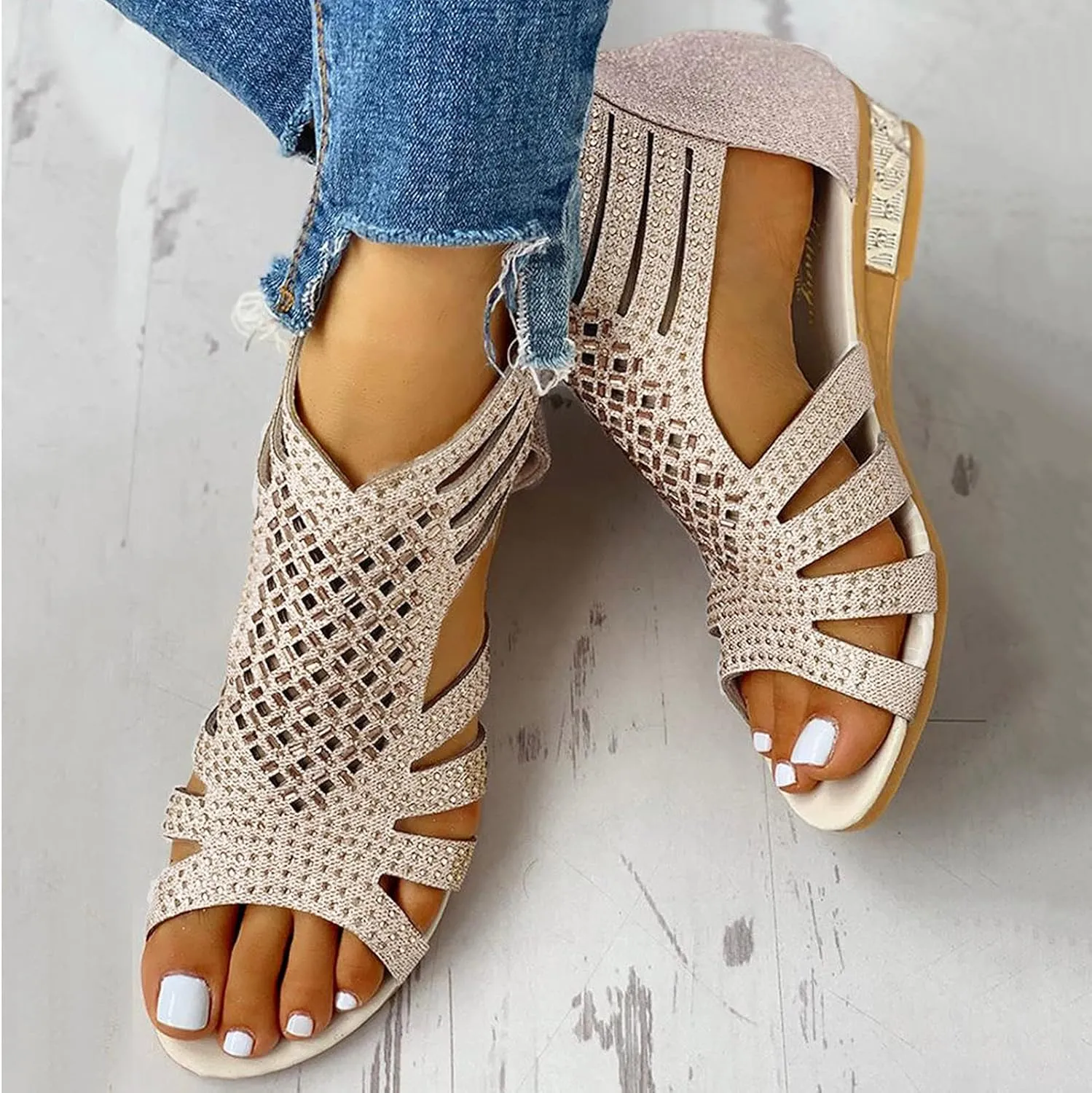 Wedge Sandals For Women Low,Comfortable Walking Sandals for Women Up Zip Out Hollow Crystal Outdoor Shoes Women's Womens Sandals Comfortable Boho Orthopedic Sandals Casual