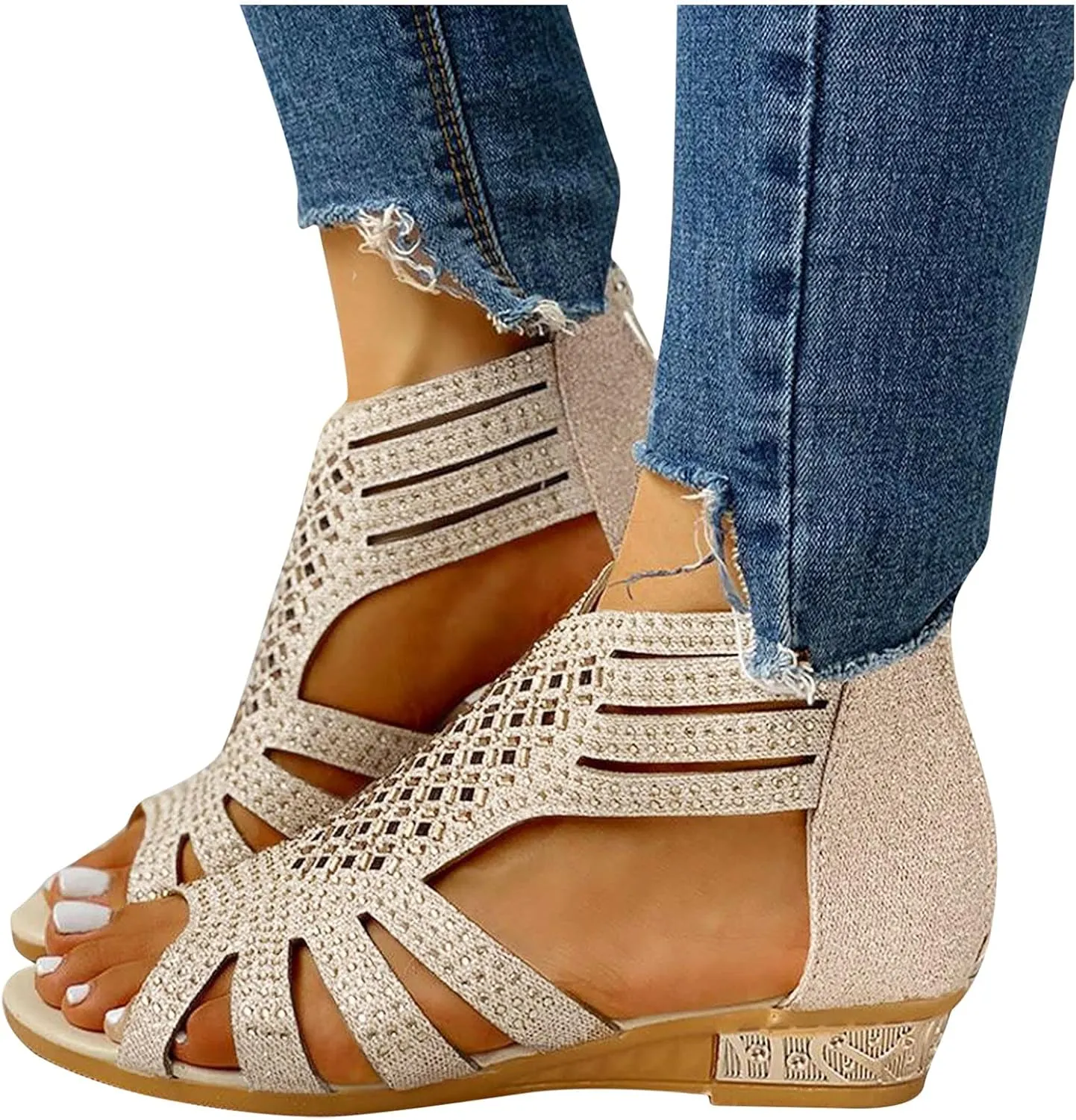 Wedge Sandals For Women Low,Comfortable Walking Sandals for Women Up Zip Out Hollow Crystal Outdoor Shoes Women's Womens Sandals Comfortable Boho Orthopedic Sandals Casual