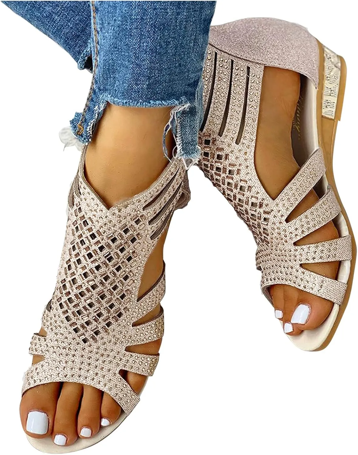 Wedge Sandals For Women Low,Comfortable Walking Sandals for Women Up Zip Out Hollow Crystal Outdoor Shoes Women's Womens Sandals Comfortable Boho Orthopedic Sandals Casual