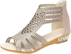Wedge Sandals For Women Low,Comfortable Walking Sandals for Women Up Zip Out Hollow Crystal Outdoor Shoes Women's Womens Sandals Comfortable Boho Orthopedic Sandals Casual