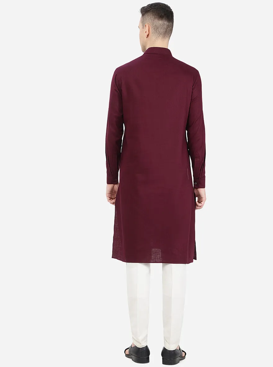 Wine Self Textured Regular Fit Modi Kurta | JadeBlue
