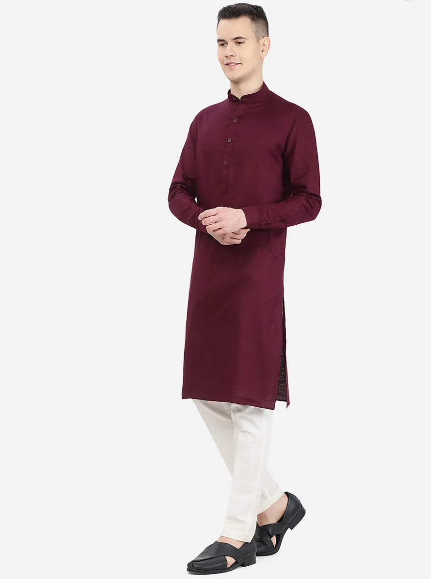 Wine Self Textured Regular Fit Modi Kurta | JadeBlue