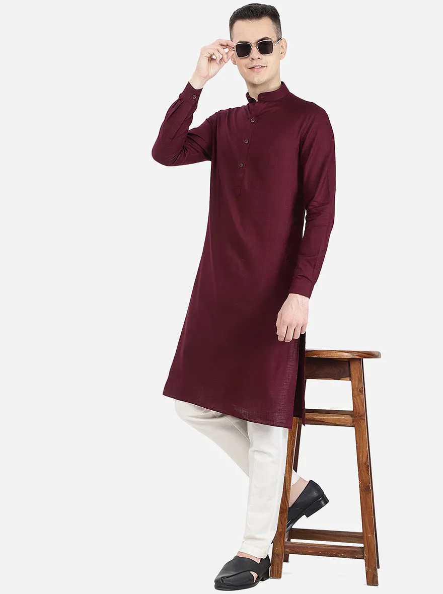 Wine Self Textured Regular Fit Modi Kurta | JadeBlue