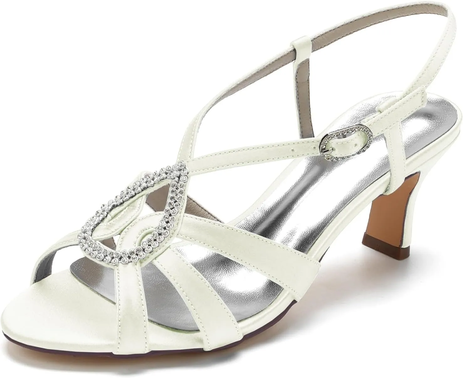 Women Retro Low Kitten Heel Rhinestone Ankle Strap Dress Sandals Open Toe Vegan Satin Shoes Off White Size 9