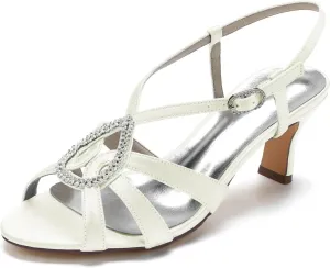 Women Retro Low Kitten Heel Rhinestone Ankle Strap Dress Sandals Open Toe Vegan Satin Shoes Off White Size 9