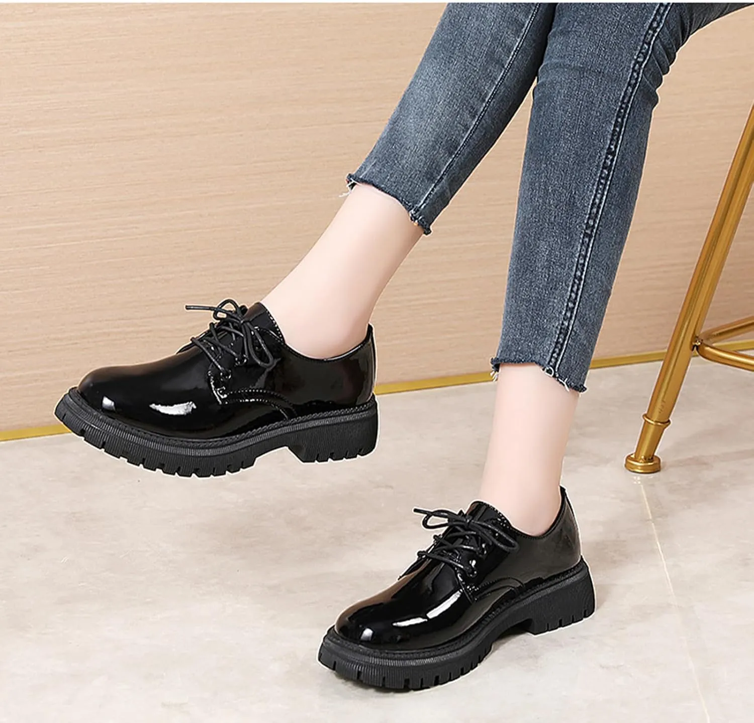 Womens Chunky Lug Sole Non-Slip Classic Oxfords Fashion Comfortable Lace-up Round-Toe Platform Loafers Casual Business Dress Oxford Shoes