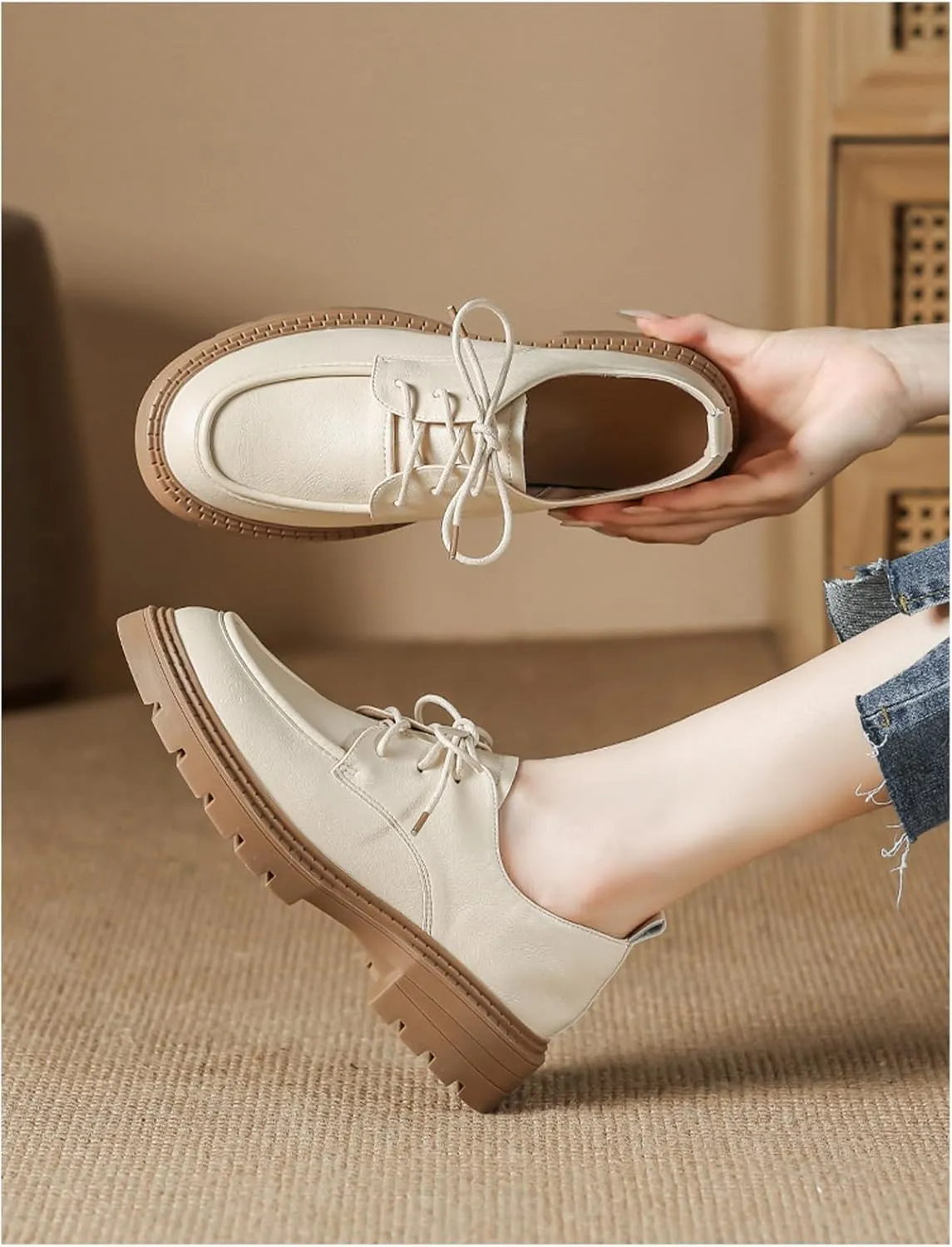 Womens Chunky Lug Sole Non-Slip Classic Oxfords Fashion Comfortable Lace-up Round-Toe Platform Loafers Casual Business Dress Oxford Shoes