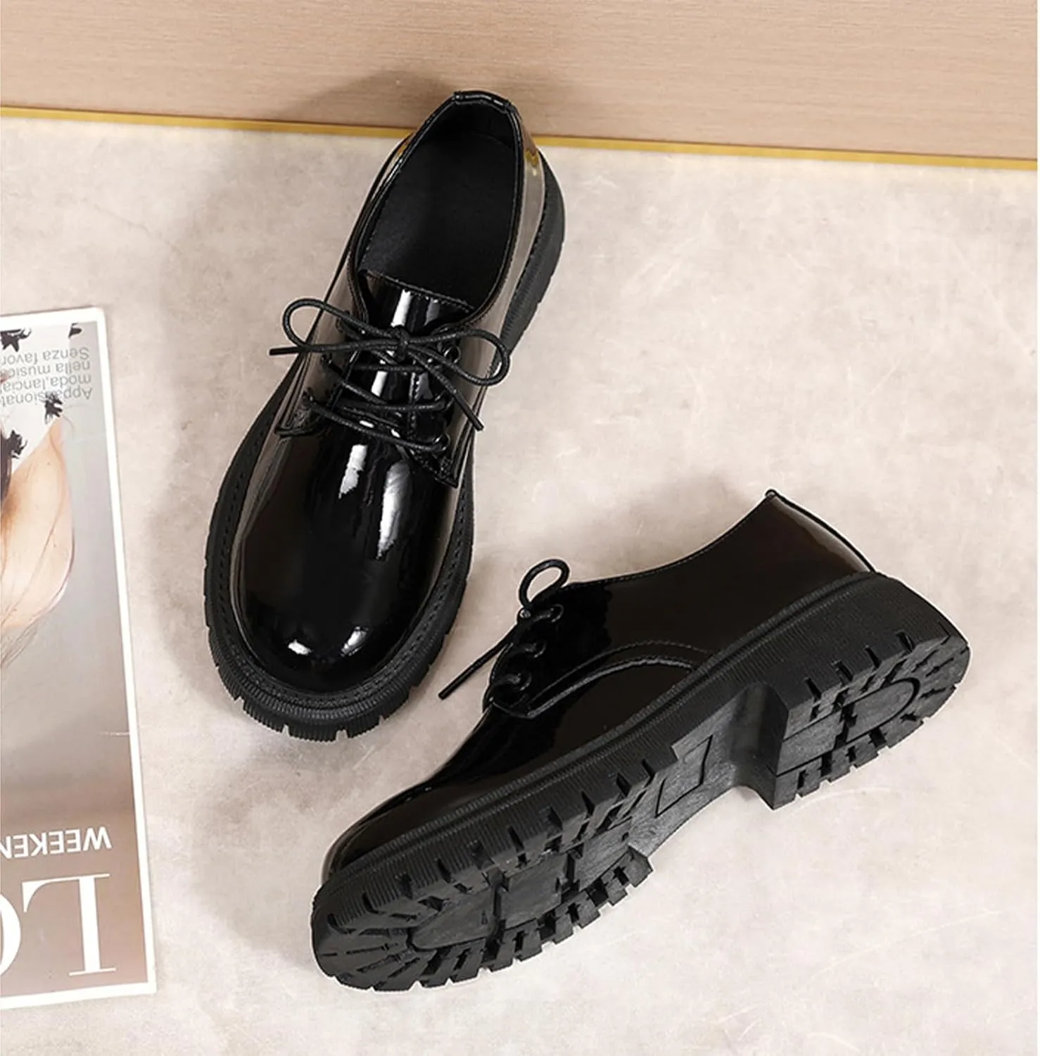 Womens Chunky Lug Sole Non-Slip Classic Oxfords Fashion Comfortable Lace-up Round-Toe Platform Loafers Casual Business Dress Oxford Shoes