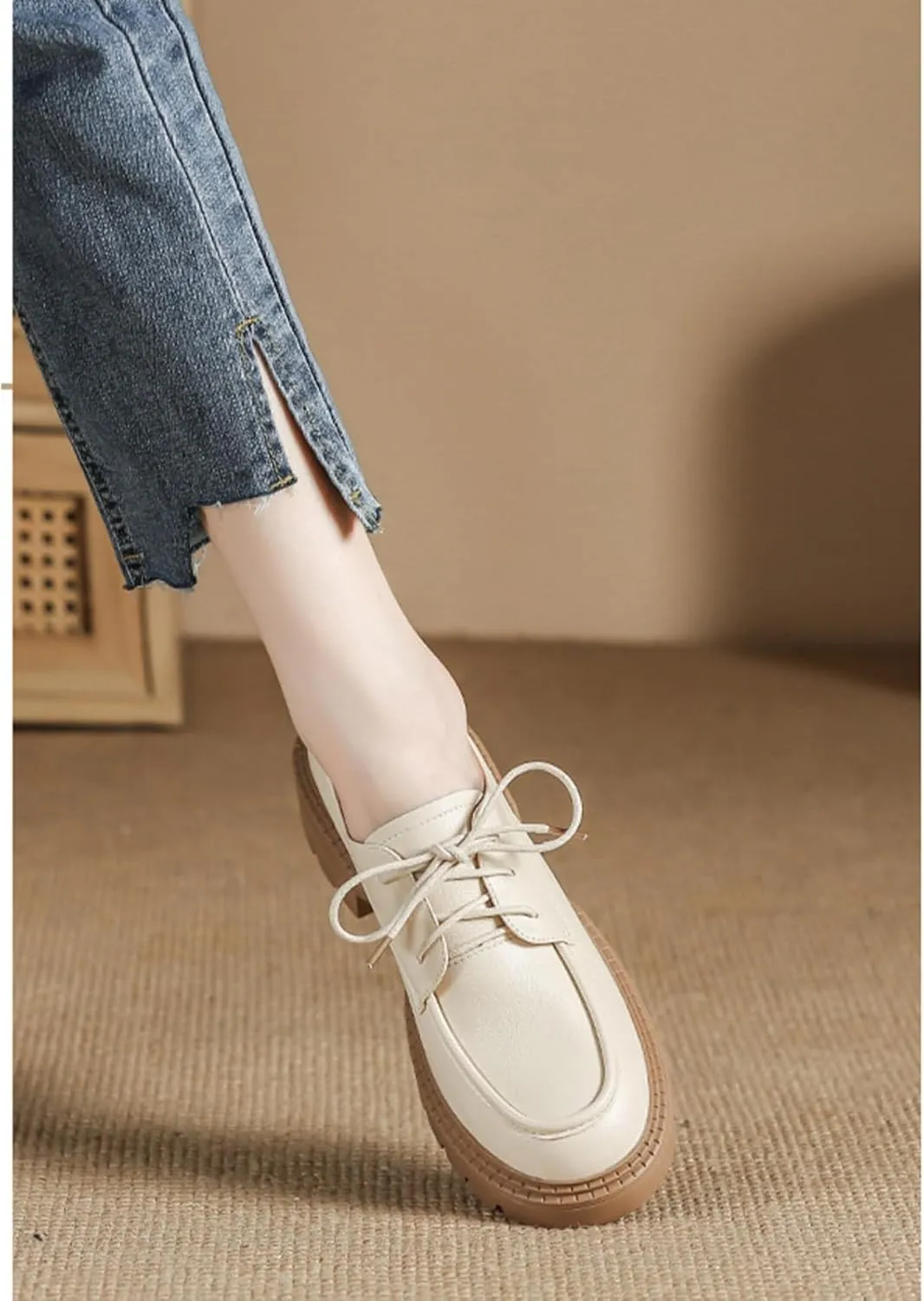 Womens Chunky Lug Sole Non-Slip Classic Oxfords Fashion Comfortable Lace-up Round-Toe Platform Loafers Casual Business Dress Oxford Shoes