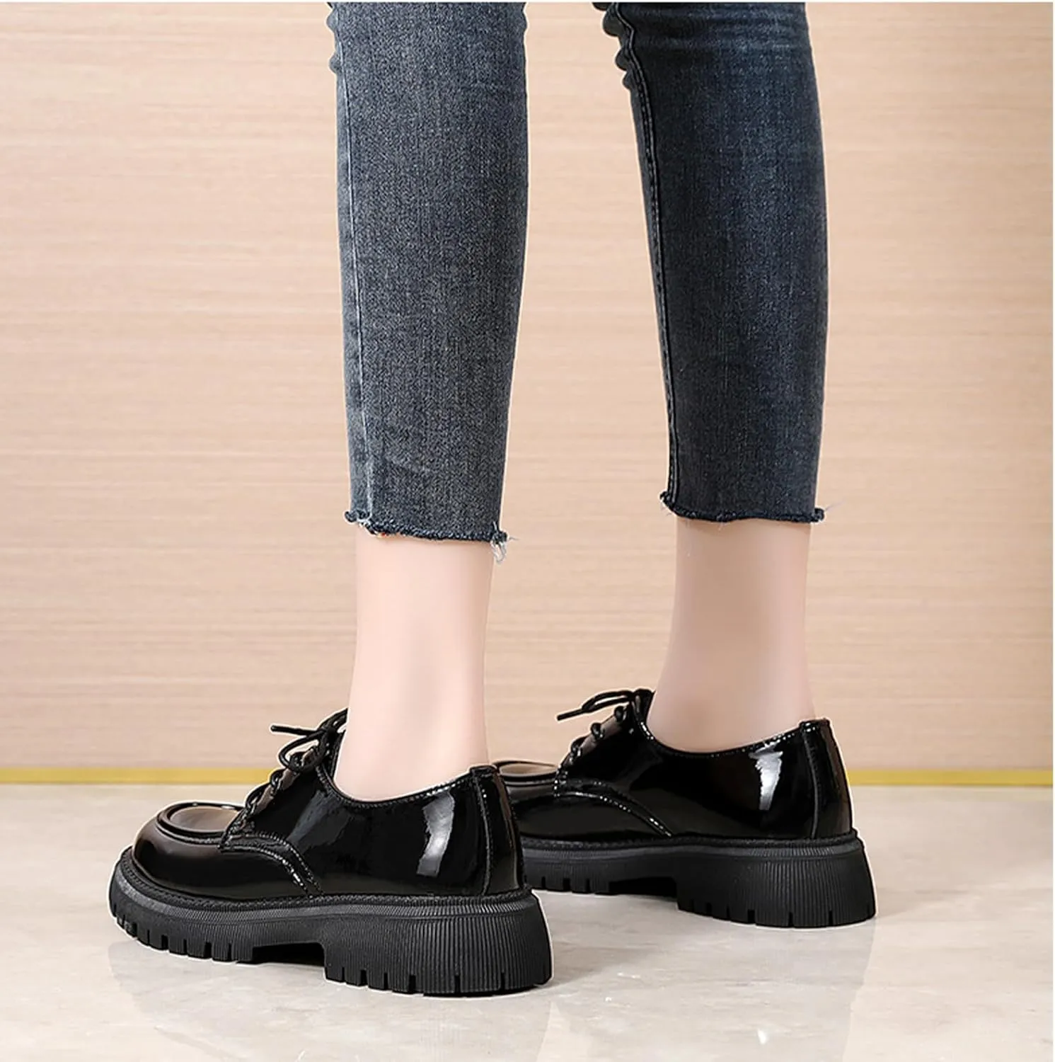 Womens Chunky Lug Sole Non-Slip Classic Oxfords Fashion Comfortable Lace-up Round-Toe Platform Loafers Casual Business Dress Oxford Shoes