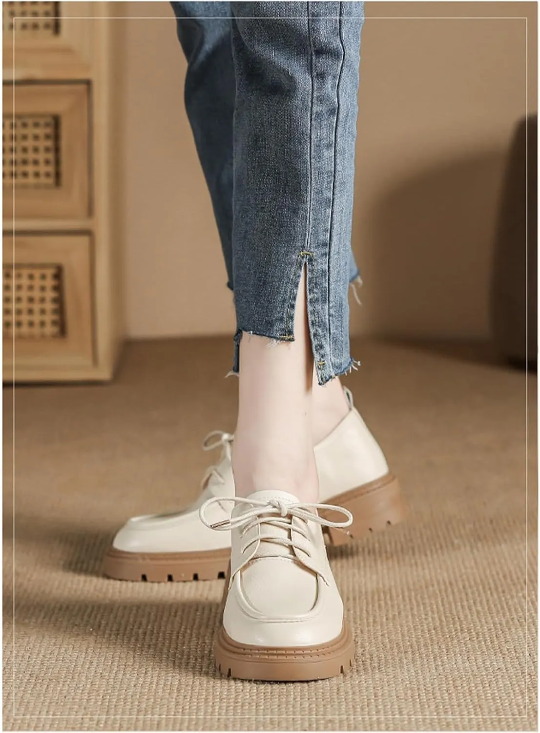 Womens Chunky Lug Sole Non-Slip Classic Oxfords Fashion Comfortable Lace-up Round-Toe Platform Loafers Casual Business Dress Oxford Shoes