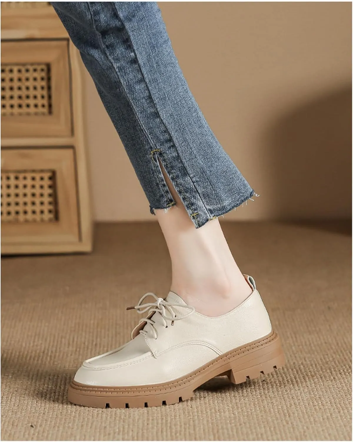 Womens Chunky Lug Sole Non-Slip Classic Oxfords Fashion Comfortable Lace-up Round-Toe Platform Loafers Casual Business Dress Oxford Shoes