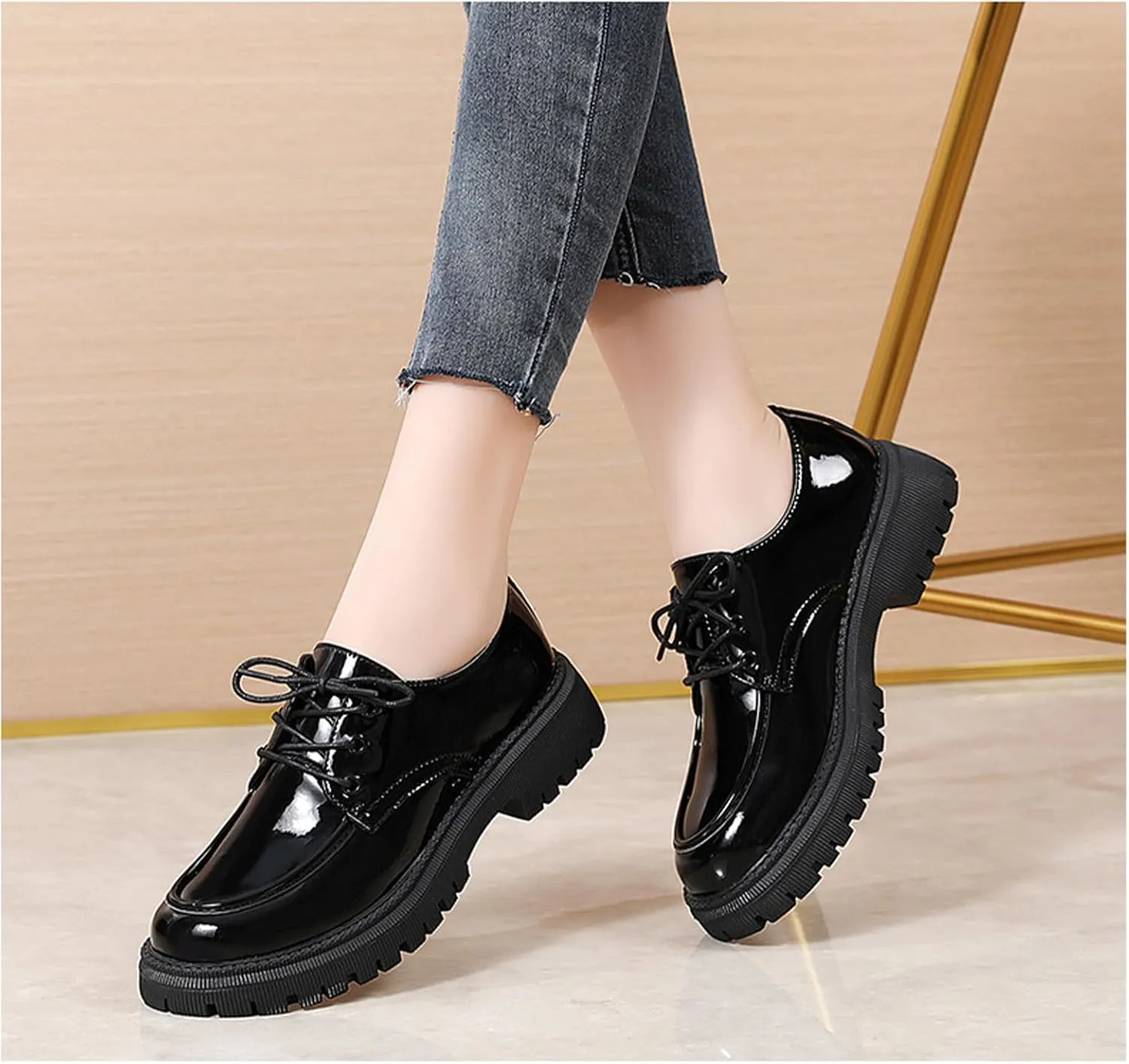 Womens Chunky Lug Sole Non-Slip Classic Oxfords Fashion Comfortable Lace-up Round-Toe Platform Loafers Casual Business Dress Oxford Shoes