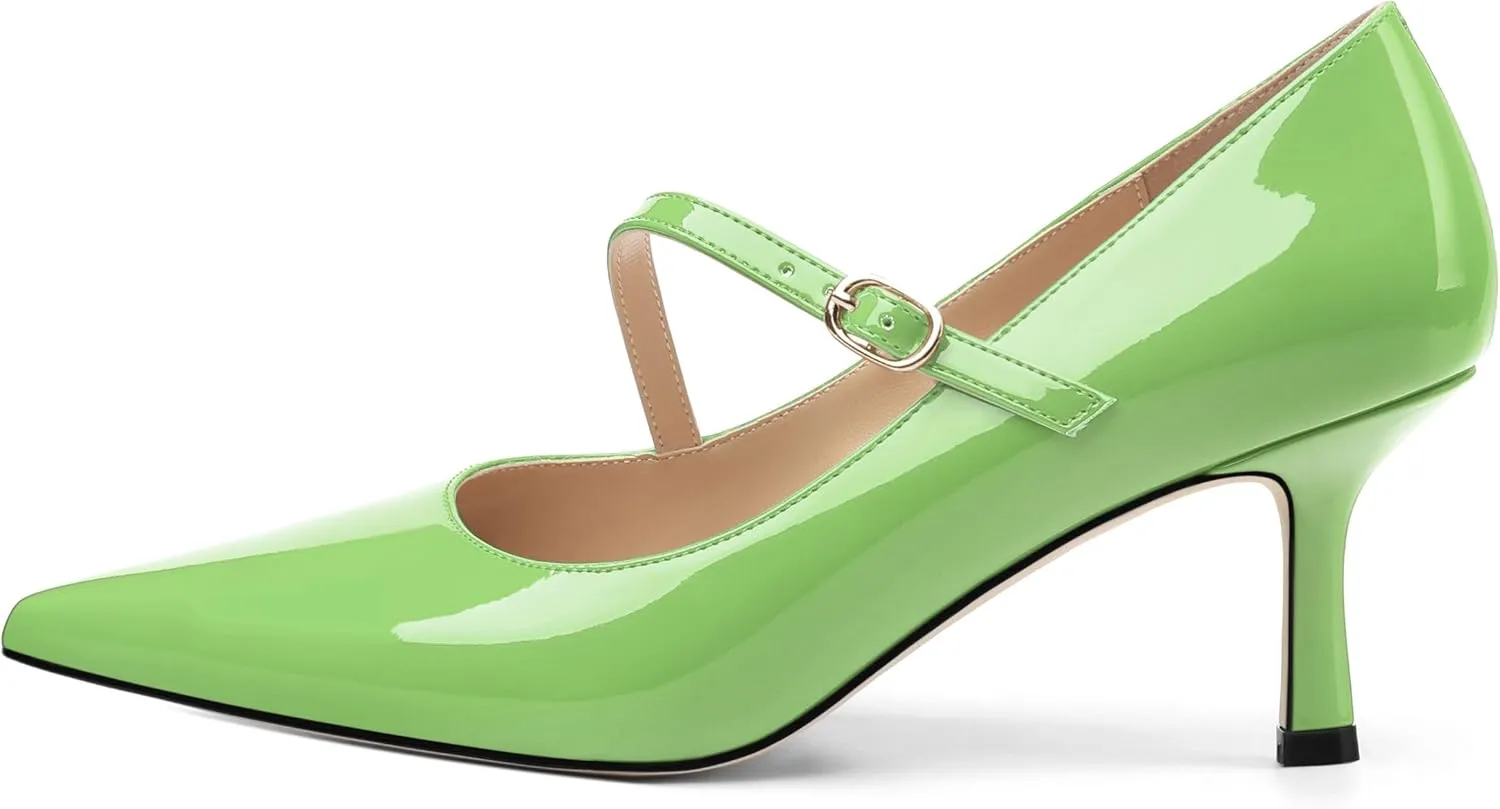 Women's Mary Jane Shoes, Pointed Toe Kitten Mid Heel Pumps with Buckle Cross Back Strap Fashion Office Dress Pumps Shoes 2.55 Inch