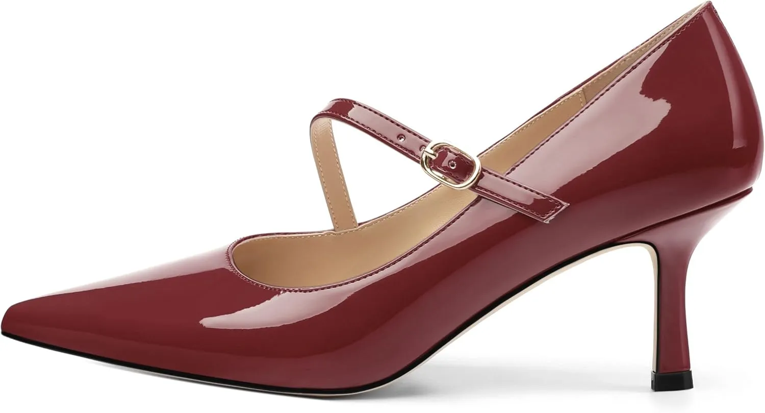 Women's Mary Jane Shoes, Pointed Toe Kitten Mid Heel Pumps with Buckle Cross Back Strap Fashion Office Dress Pumps Shoes 2.55 Inch