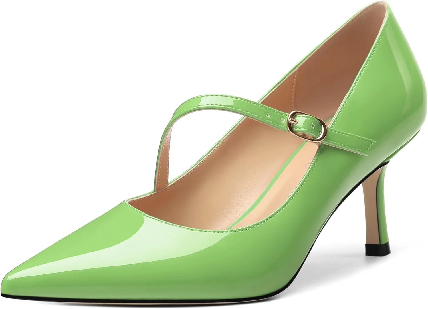 Women's Mary Jane Shoes, Pointed Toe Kitten Mid Heel Pumps with Buckle Cross Back Strap Fashion Office Dress Pumps Shoes 2.55 Inch