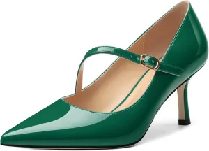 Women's Mary Jane Shoes, Pointed Toe Kitten Mid Heel Pumps with Buckle Cross Back Strap Fashion Office Dress Pumps Shoes 2.55 Inch