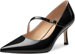 Women's Mary Jane Shoes, Pointed Toe Kitten Mid Heel Pumps with Buckle Cross Back Strap Fashion Office Dress Pumps Shoes 2.55 Inch