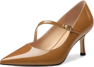 Women's Mary Jane Shoes, Pointed Toe Kitten Mid Heel Pumps with Buckle Cross Back Strap Fashion Office Dress Pumps Shoes 2.55 Inch